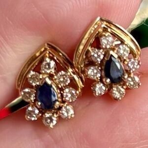 Elegant 14 KT Yellow Gold Genuine Natural Diamond & Blue Sapphire Earrings